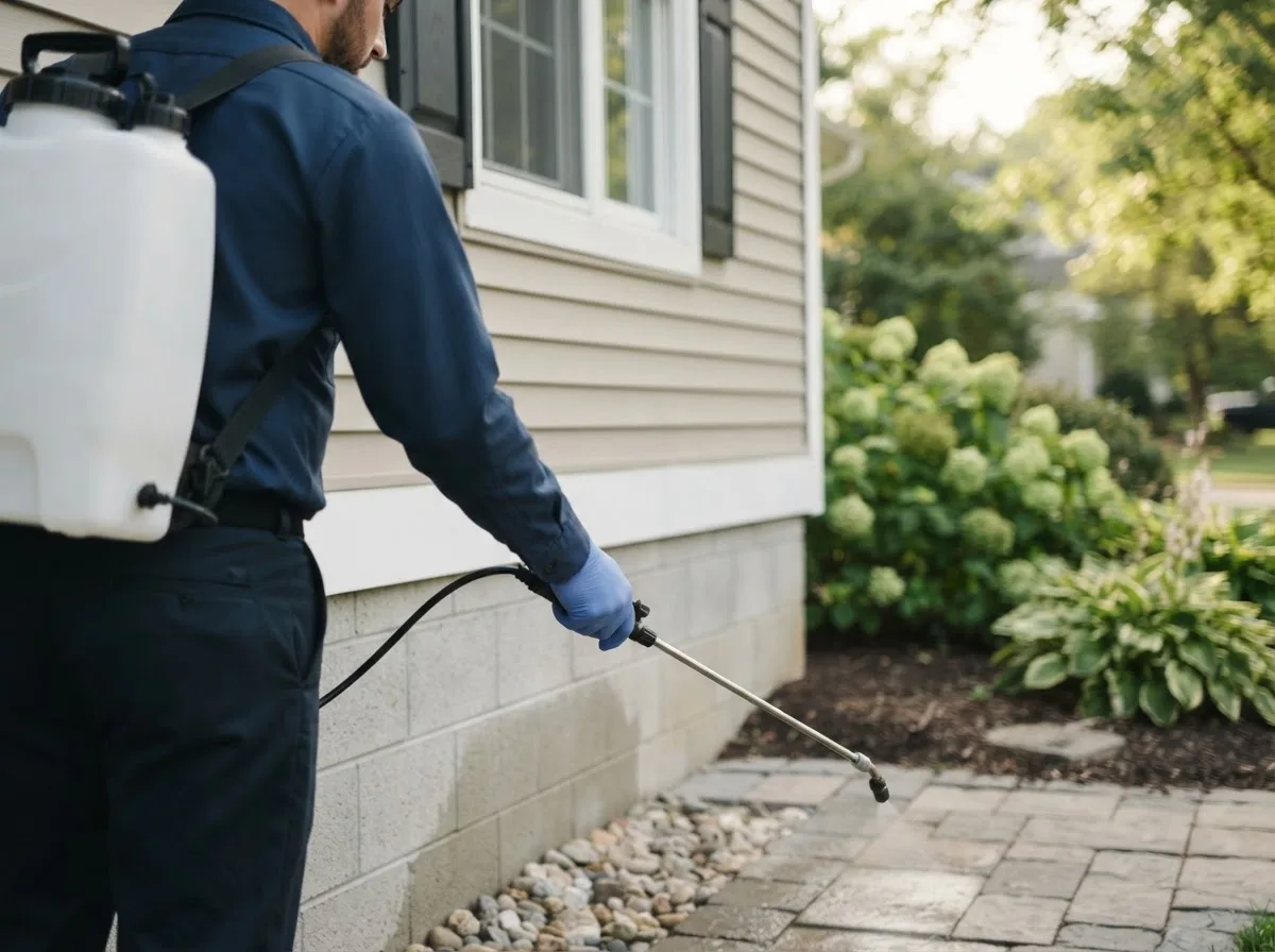 Pest control technician inspecting a home in Warrensburg, NY